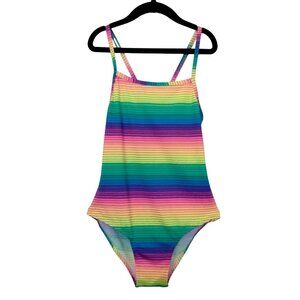 Girls One-Piece Swimsuit 9/10 Rainbow Striped Crisscross Back Summer Pool Outfit